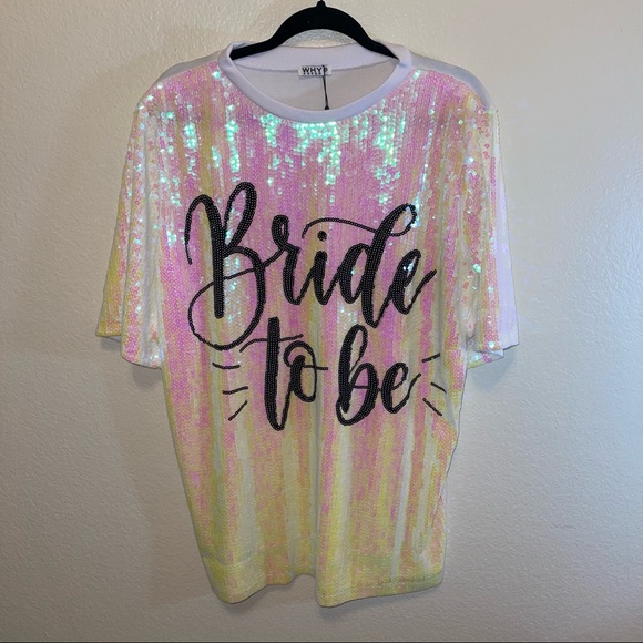 White Iridescent Sequin Trendy “Bride to Be” Short Sleeve Mini Dress One Size - Picture 5 of 12